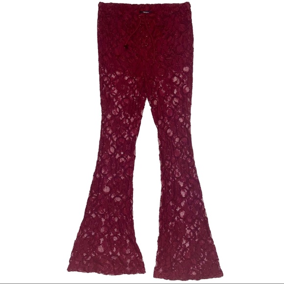 Maroon Lace Booty Lined Flare Leg Pants
